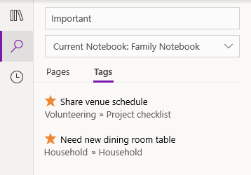Tag search results in OneNote for Windows 10