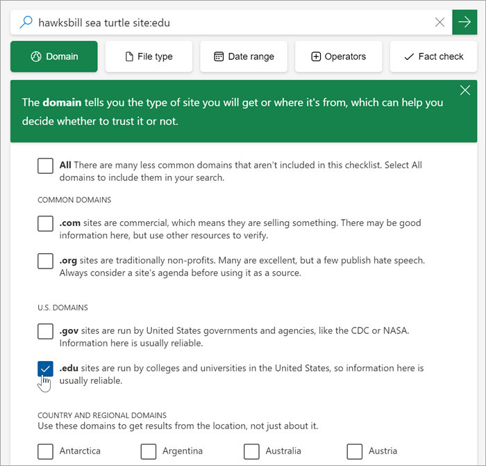 Screenshot of the domains selection dropdown. Options are listed with explanations (similar to those in the article)