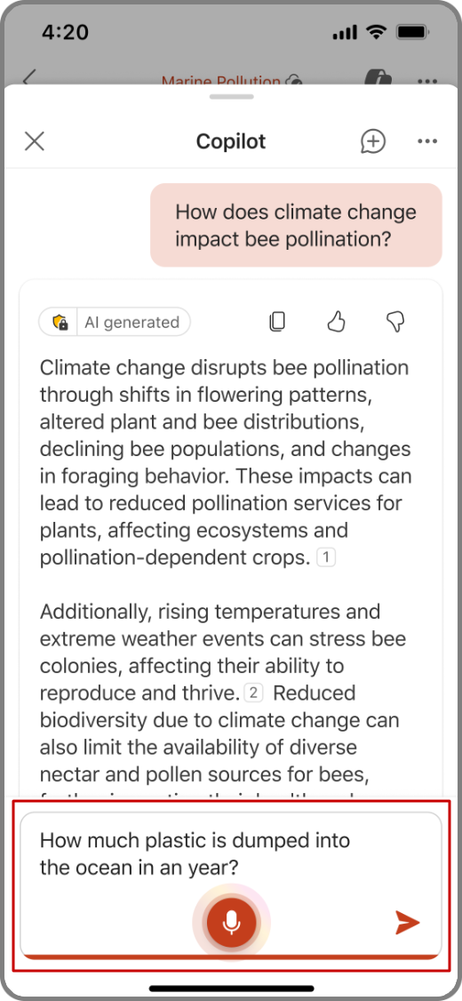 Screenshot of Copilot in PowerPoint on an iOS device with the voice input capability highlighted