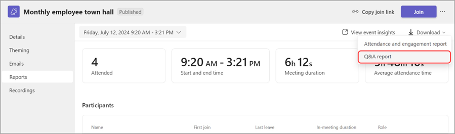 Screenshot of a meeting recording with details about the event, including date, duration, attendees, and options to access insights, reports, and join the meeting.