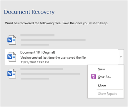 An original document last saved by the user listed in the Document Recovery pane