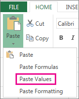 Paste command showing Paste Values