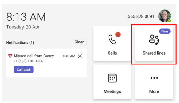 An image of a Teams desk phone's home screen. A red box highlights the button labeled Shared lines.