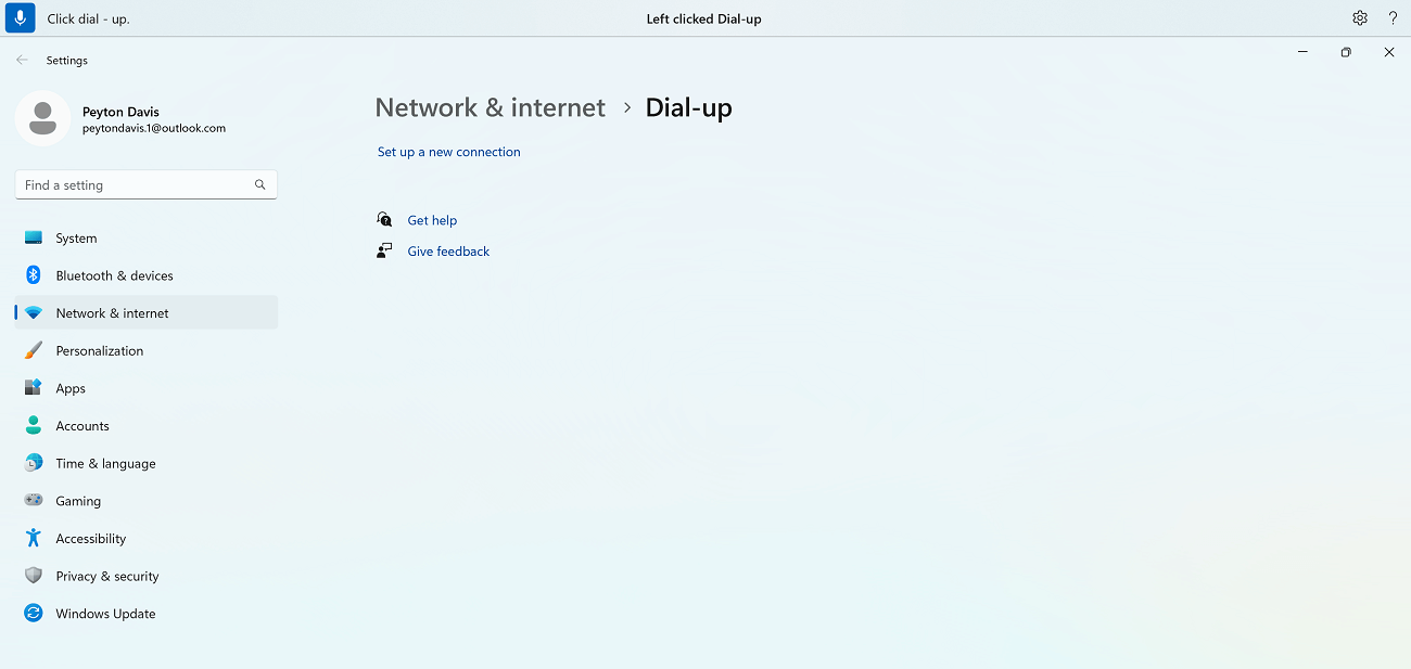 An example of a voice access command to find items with special characters in the name showing the voice access command for the Windows Dial-up setting.