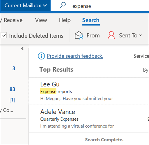 Using Search to find your email in Outlook