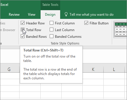 Total Row option in Design tab