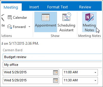 Screenshot of the OneNote Meeting Notes button in Outlook.