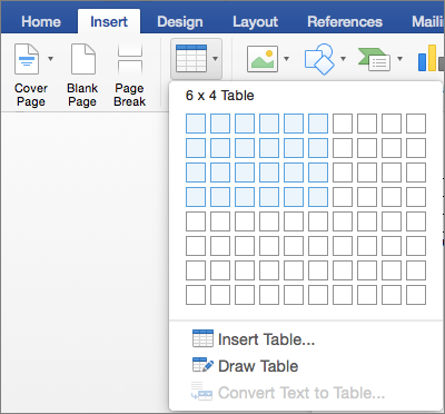 Select the number or rows and columns to quickly insert a table