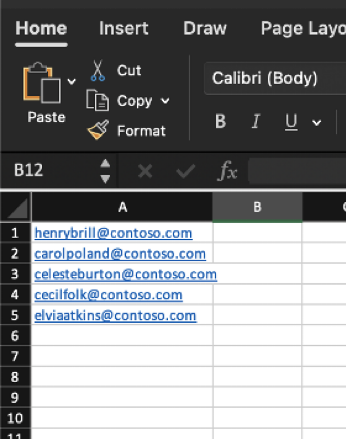 This example CVS file shows a single column A containing email addresses, with the other cells containing no other information.