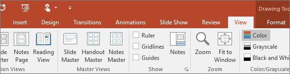 Shows the view tab on the ribbon in PowerPoint