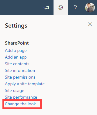 Settings option opened with change the look highlighted.