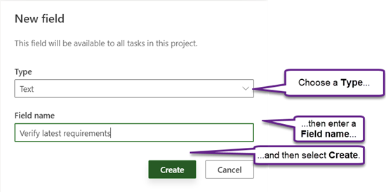 New field dialog in Project Power App