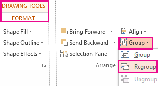 Regroup button on the Drawing Tools Format tab