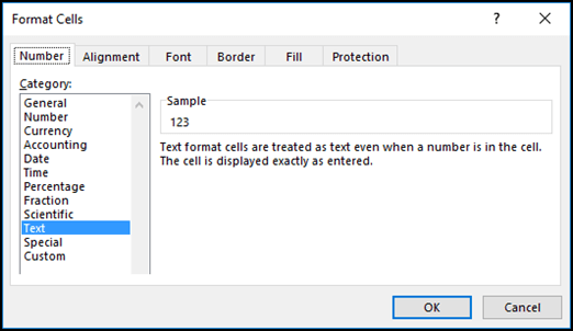 Format Cells dialog box displaying the Number tab and Text option selected