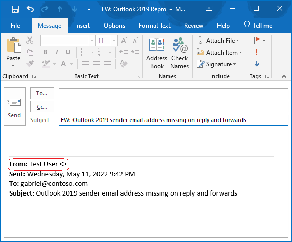 In the body of email, the email address of the sender of the original message is missing