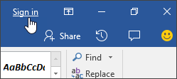 Screenshot showing sign in link in an Office desktop application
