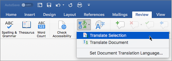 Review tab with Translate Selection highlighted