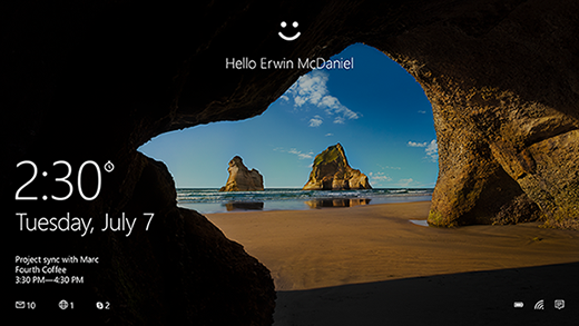 Start screen with Windows Hello greeting