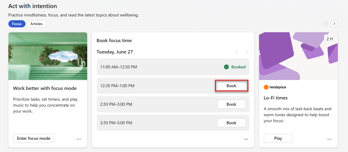 Screenshot that shows the Book focus time section with the Book button highlighted