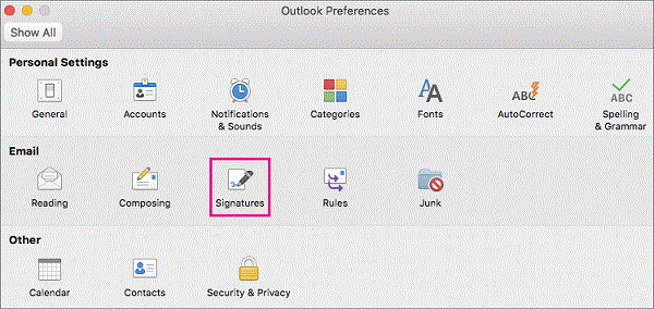 Signatures Preferences button