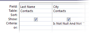 query designer with criteria where City field is neither set to null nor is blank.