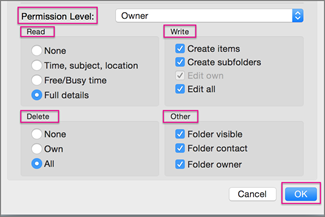 Set permission levels for your shared calendar