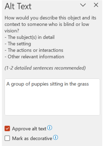 Automatically generated alt text approved in the Alt Text pane