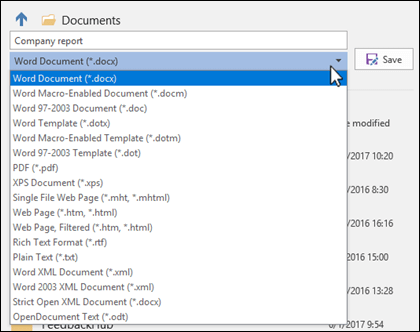 Click the file type drop down to select a different file format for your document