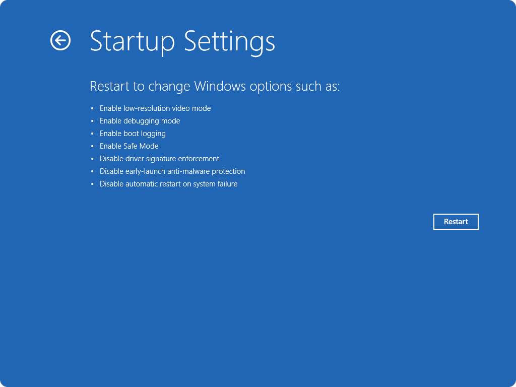 Screenshot of Windows RE - startup settings.