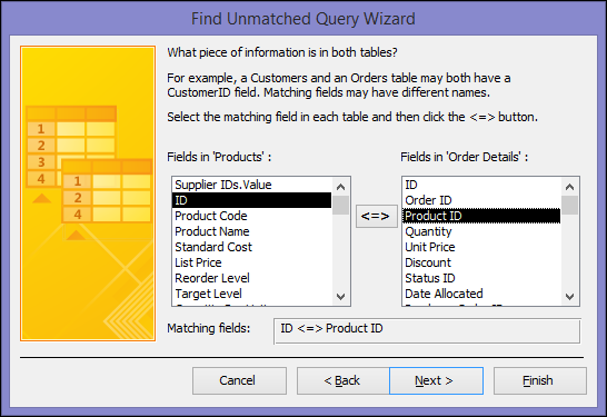 Select the matching fields from the tables in the Find Unmatched Query Wizard dialog box