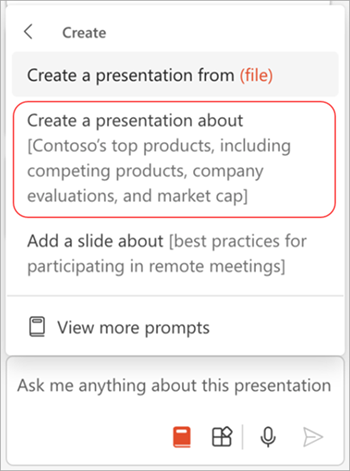 Screenshot of the prompt menu in Copilot in PowerPoint with the Create a presentation about option highlighted