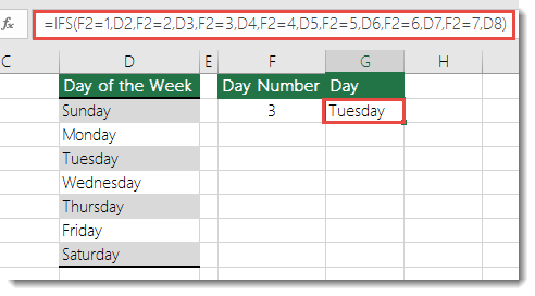 IFS function - Days of the Week example - Formula in cell G2 is 	=IFS(F2=1,D2,F2=2,D3,F2=3,D4,F2=4,D5,F2=5,D6,F2=6,D7,F2=7,D8)