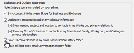 Save IM conversations selected in the Exchange and Outlook integration options.