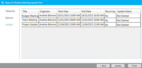 Screen shot of meeting migration tool update