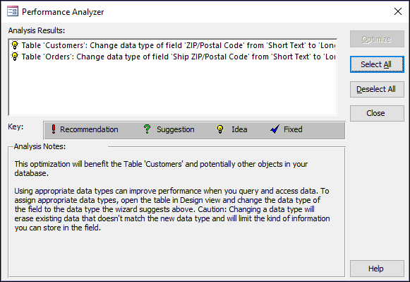 Performance Analyzer results dialog after being run on an Access database.