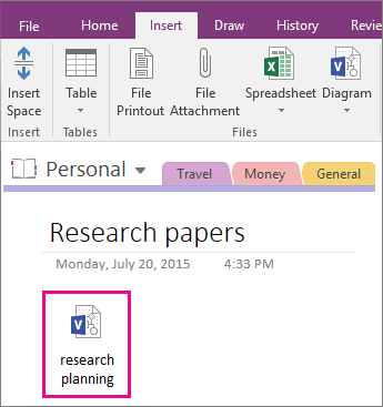 Screenshot of how to attach a Visio file to a page in OneNote 2016.