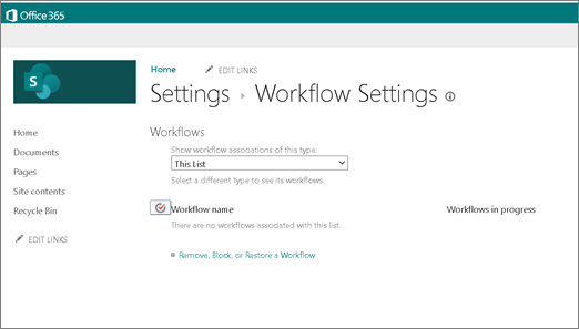 Screenshot of the Workflow Settings page in SharePoint showing that even when Workflows are enabled there's no option to option to create a 2010 workflow