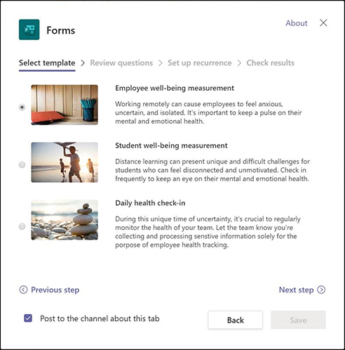Forms dialog in Teams that describes the employee well-being measurement template and getting started with building the workflow