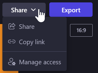 A dropdown menu with available sharing options in Clipchamp for work accounts