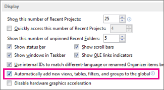 The "Automatically add new views, tables, filters, and groups to the global" option