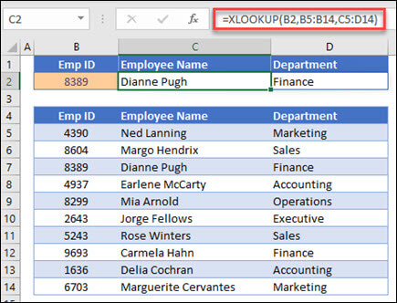 Example of the XLOOKUP function used to return an Employee Name and Department based on Employee IDt. The formula is: =XLOOKUP(B2,B5:B14,C5:D14,0,1)