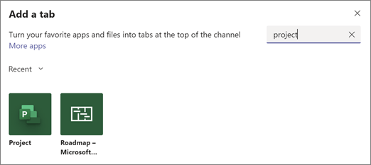 Screen shot showing Add a tab dialog box and search results for the term project