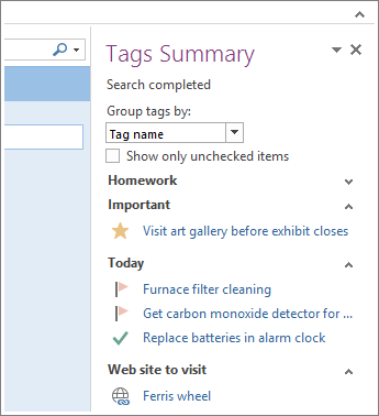 You can see tasks at a glance in the Tags Summary.