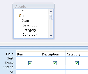 A query with three fields in the design grid