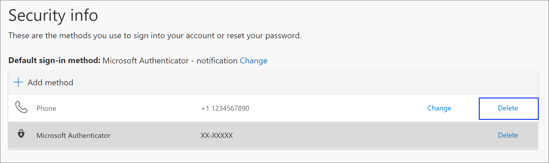 Link to delete the phone method from security info