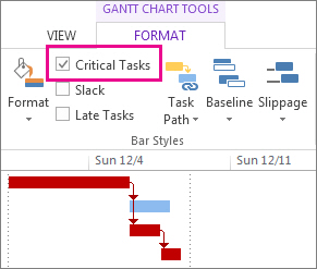 Critical Tasks check box on the ribbon and highlighted Gantt bars in Project 2013