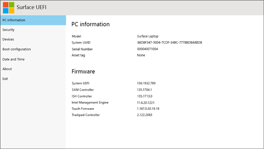 The PC information screen of Surface UEFI