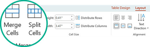 The Merge Cells and Split Cells commands are on the Layout tab in PowerPoint.