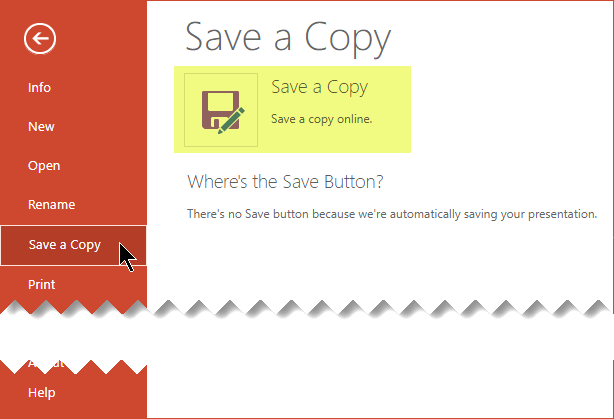 The Save A Copy command saves the file online on OneDrive for Business or SharePoint