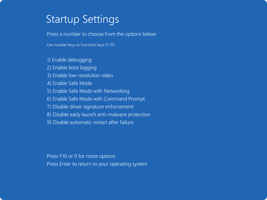 Screenshot of the startup settings list.